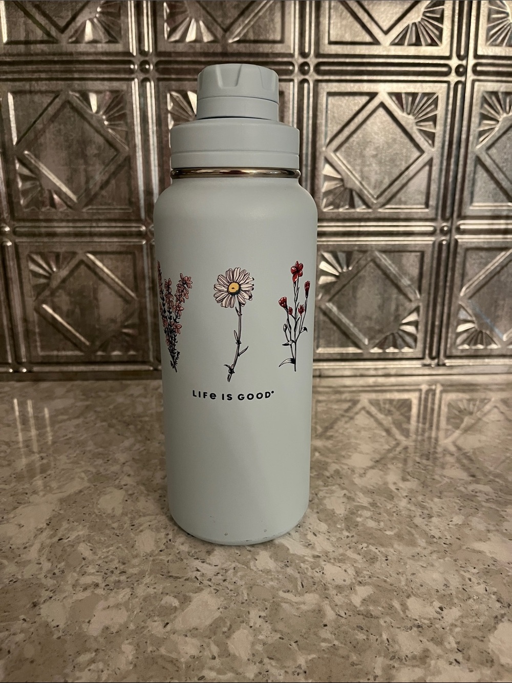 Life Is Good: Powder Blue Stainless Floral Water Bottle